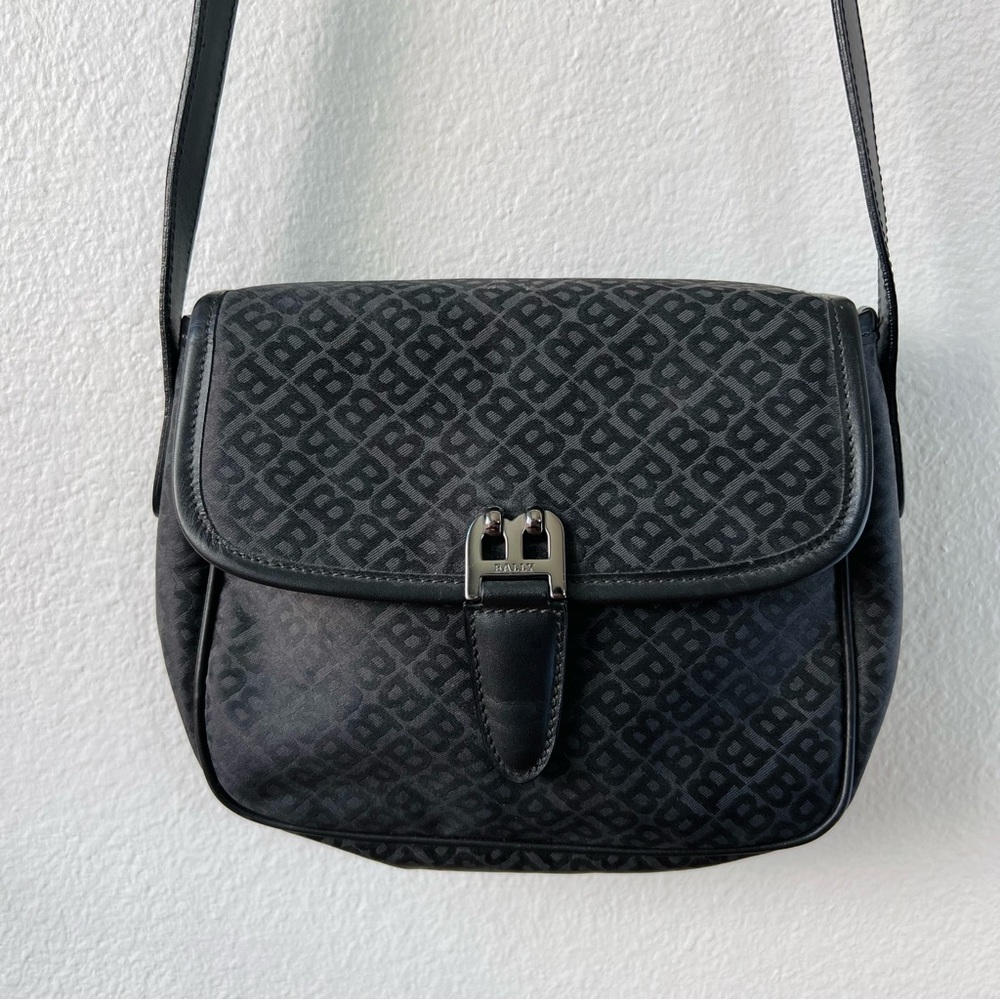 Bally Black Monogram Crossbody Shoulder Purse Silver Hardware Nylon Leather Trim